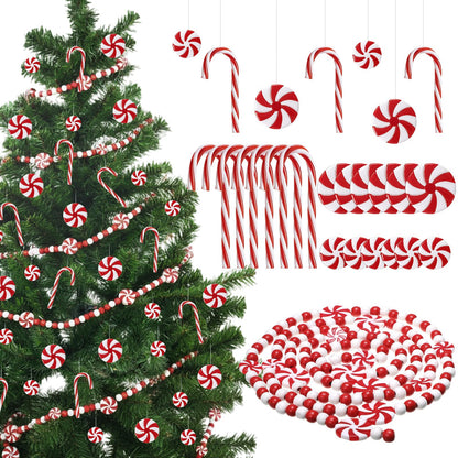 WILLBOND 49 Pcs Christmas Candy Canes Ornament Gift 5 Yards Wired Christmas Ribbon Fake Candy Hanging Ornament with Crystal Wire Red White Stripes Ribbon for Xmas Party Xmas Home Decor(Beaded Garland)