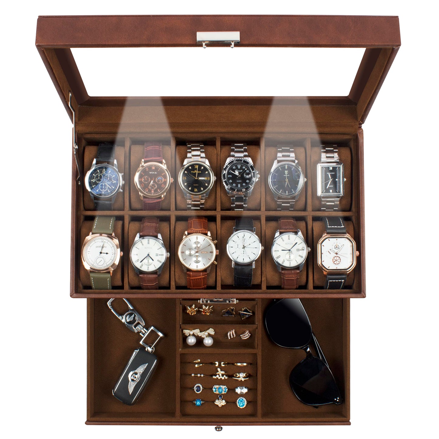 GUKA Watch Box 12 Slot Watch Display Organizer Leather Jewelry Case Drawer Glass Birthday for Men Women, Child Husband Dad GK-012-BROWN-LED-24