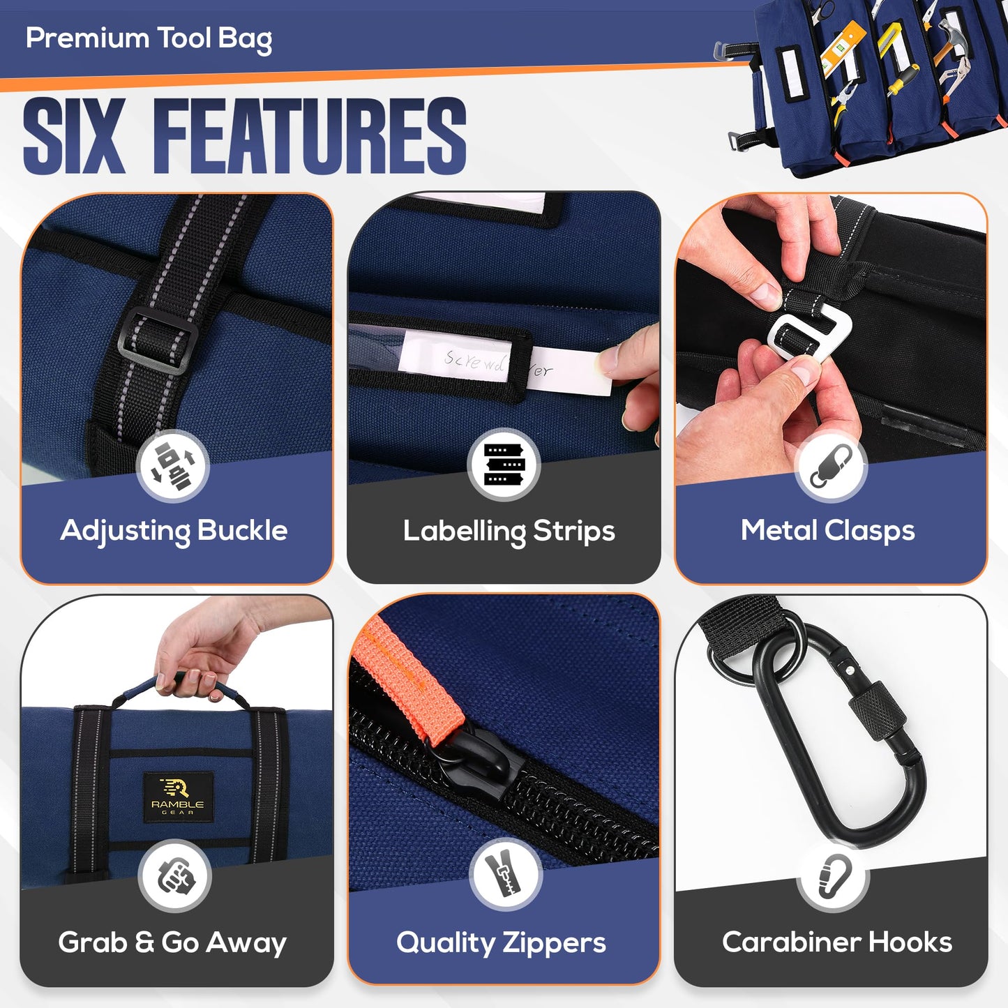 Ramble Gear Roll Up Tool Bag Organizer – Heavy Duty Canvas Tool Roll Bag, Tool Roll Up with 5 Oversized Labeled Pockets & Carabiners, Portable Roll Up Tool Organizer for Mechanic, Truck & Car (Blue)