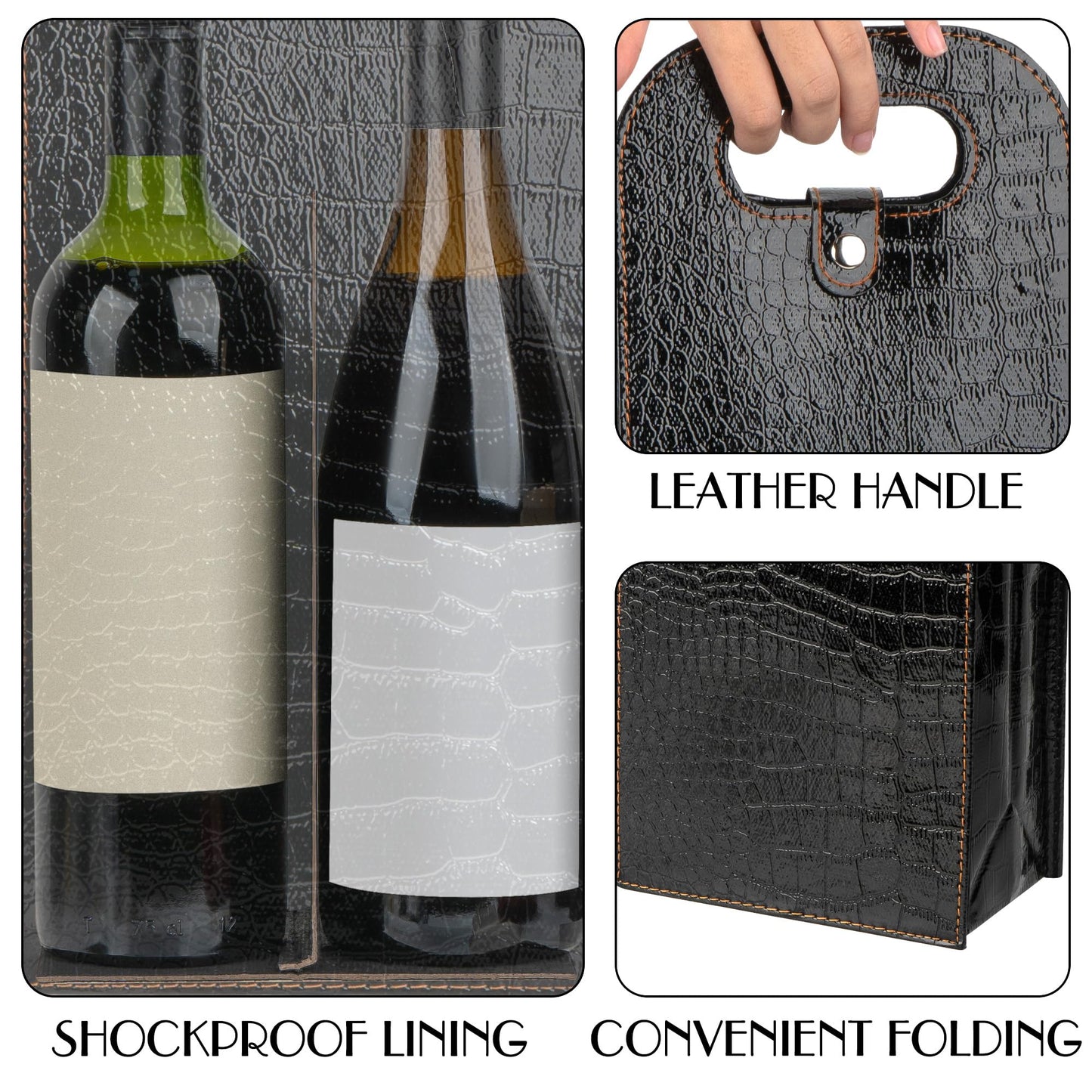 JANKINGS Double Wine Gift Bag, 2Pcs Reusable Leather Wine Tote Carrier, Champagne Gift Bags Carrier for Birthday, Wedding, Party (1 Red+1 Black)