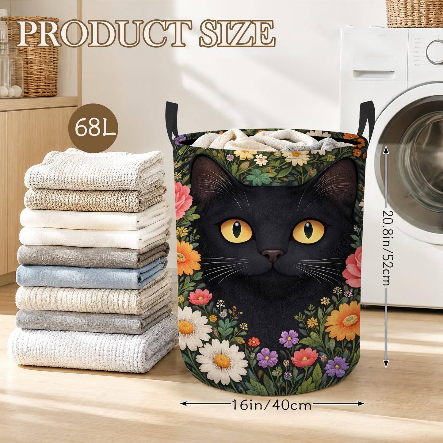 Black Cat Laundry Basket Oxford Cloth Flower Garden Laundry Hamper With Handle Foldable Portable Clothes Storage Basket Storage Bag For Laundry Room/Bathroom/Bedroom/Dormitory 20.8"x16"