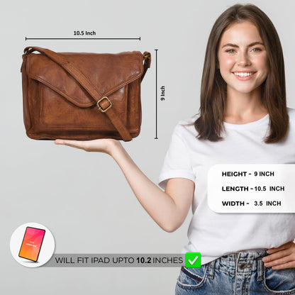 Leather Flapover Crossbody Handbag Purse for Women with Adjustable Strap & Overflap Snap Closure Tote/Bag (Tan wash)