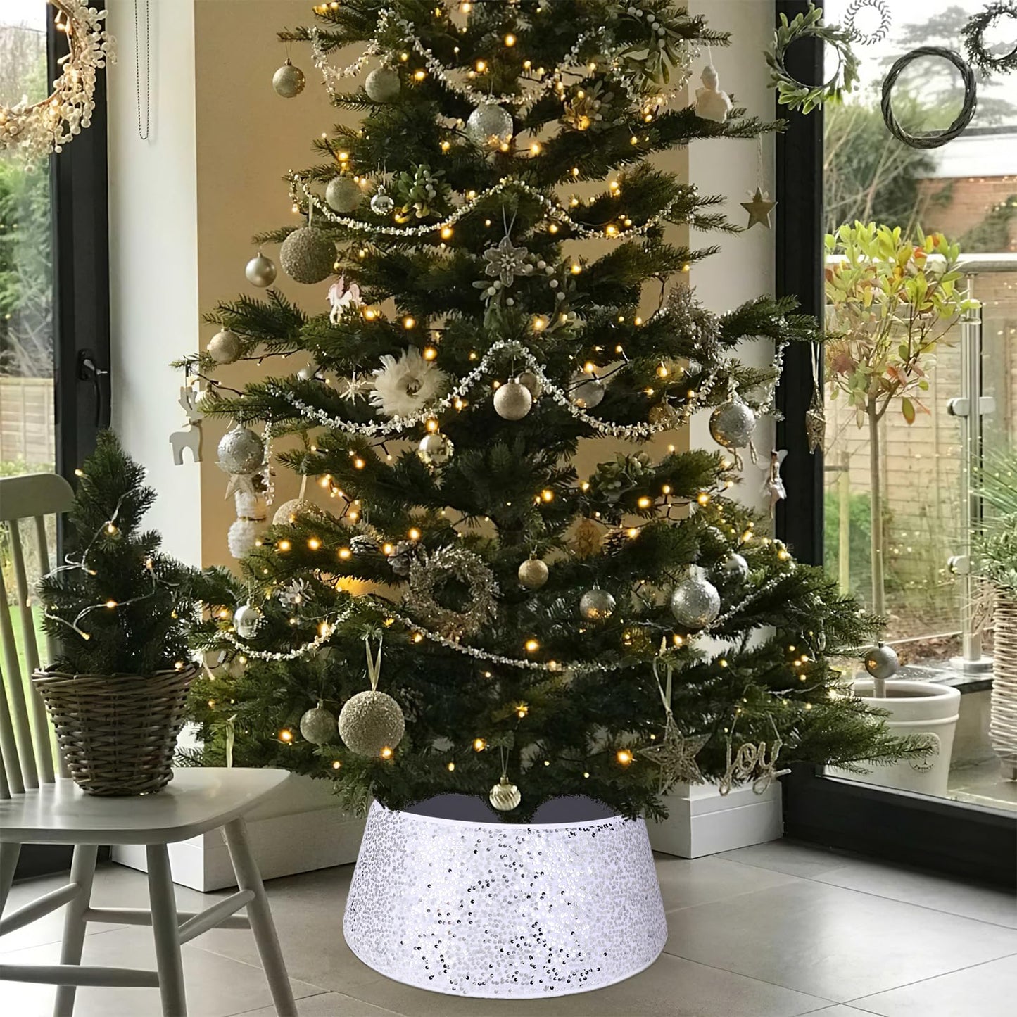 Christmas Tree Collar Burgundy Round Tree Skirt Tree Ring Sparkle Sequin for Christmas Holiday Thanksgiving Home Decor Red Gold