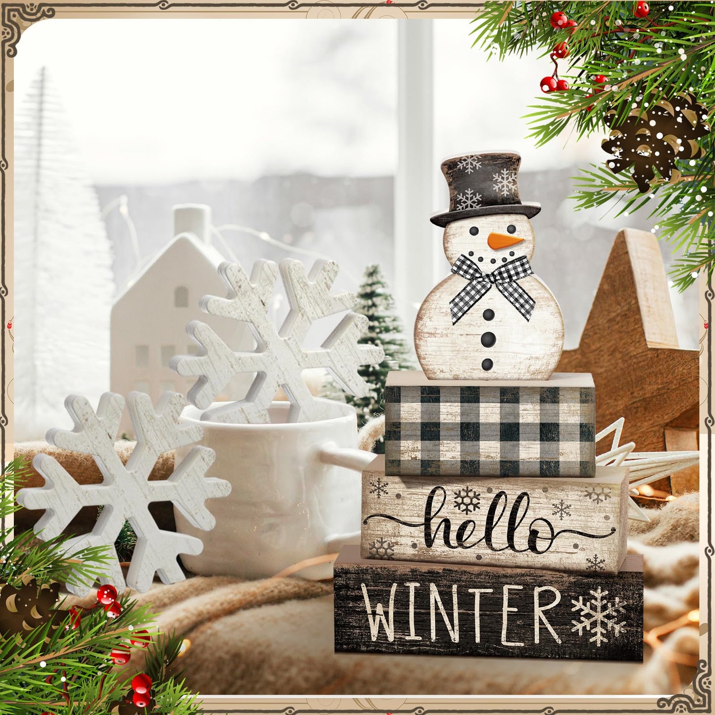 Colingmill 6 Pcs Snowman Christmas Decor Winter Table Decorations Xmas Tiered Tray Decor Wooden Snowman Snowflake Signs Christmas Table Centerpiece for Farmhouse Home Kitchen Shelf Office Decoration