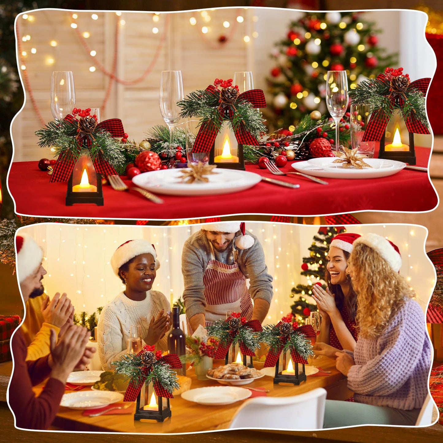 Set of 6 Christmas Mini Decorative Lanterns with Flickering LED Flameless Candle Hanging Lantern Decoration Bulk with Buffalo Plaid Bow Battery Included for Xmas Party (Red Plaid Bow)