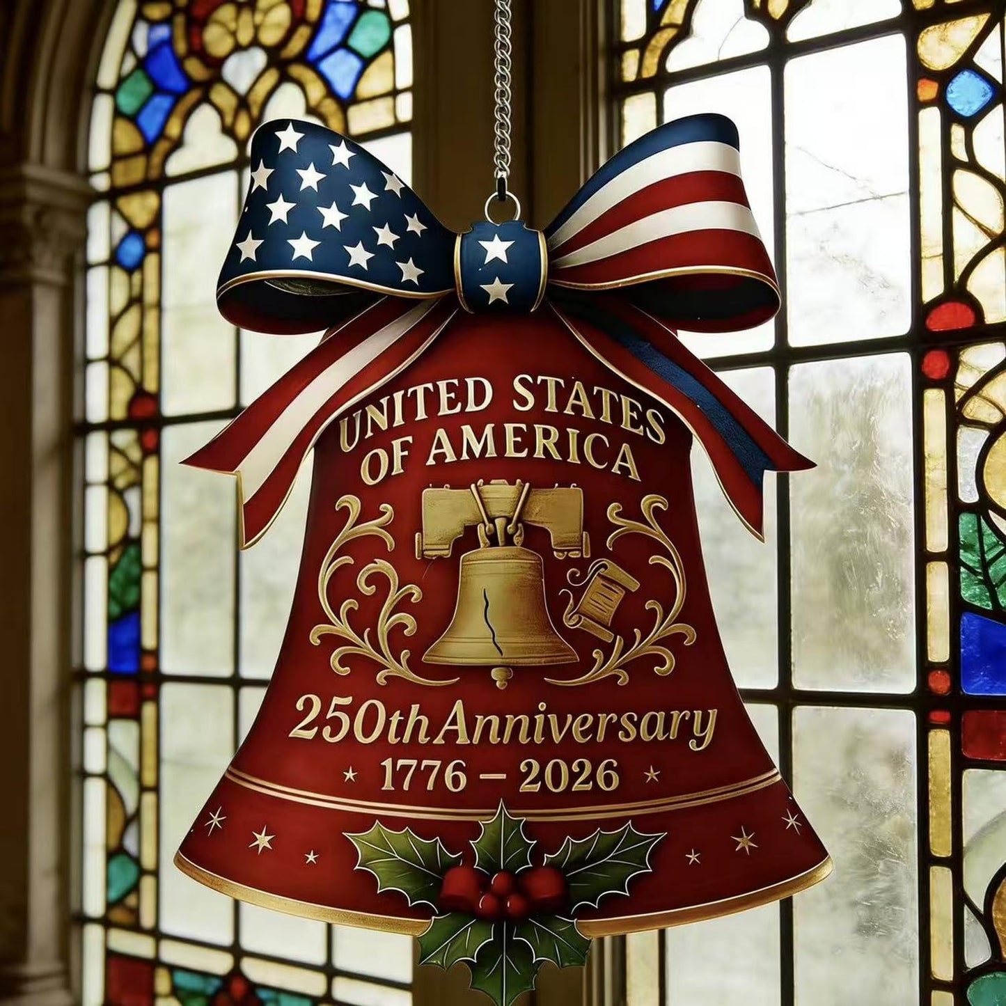 July 4th 250th Anniversary Ornament,Bell Sun Catcher Hanging,Red with America Flag Designs Bow Patriotic Christmas Ornaments,Full Cover Acrylic Suncatchers for Windows Decor Party Supplies for Garden