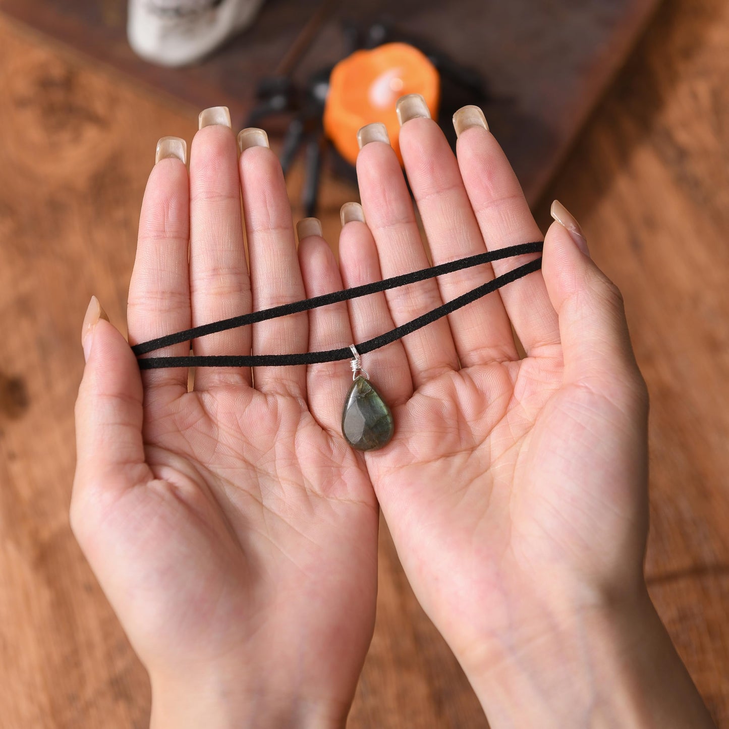 RareLove Black Leather Layering Choker Necklace for Women 925 Sterling Silver Teardrop Labradorite Stone Pendant Healing Crystal Necklace Gothic Boho Anxiety Jewelry