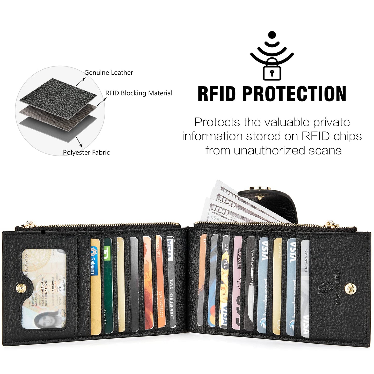 BOSTANTEN Leather Wallets for Women Large RFID Blocking Slim Bifold Purse Card Holder with Zipper Pocket Black