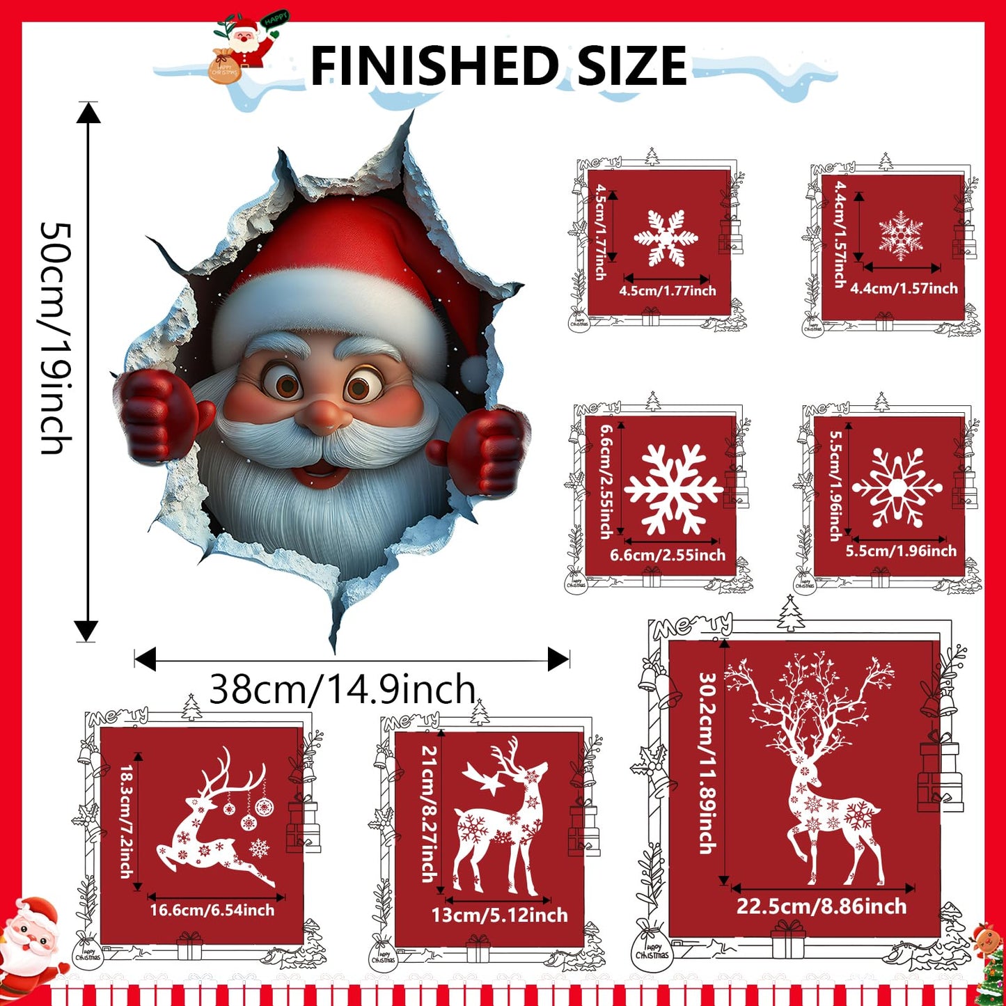 178Pcs Large Christmas Window Clings for Glass, Xmas Snowflake Cling Winter Stickers Reusable Double-Sided Outdoor Window Christmas Decoration for Santa Claus Reindeer Peppermint Decals Holiday Decor