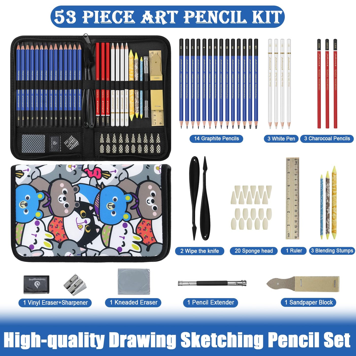 Daerthotk 53 PCS Drawing Kit Sketching Pencil Set, Sketch Pencils Art Supplies with Graphite, Charcoal, Blending Tools, Drawing Pencils for Artists Adults Beginner Family Friends