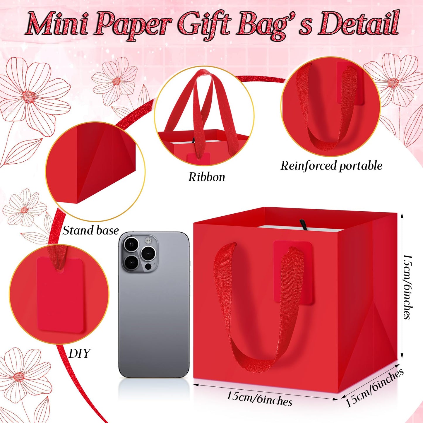 Windyun 25 Pcs Mini Paper Gift Bags with Handle 6 x 6 x 6'' Square Small Favor Bag with DIY Thank You Tag for Christmas Birthday Wedding Bridal Shower Bridesmaid Graduation Party (Red)