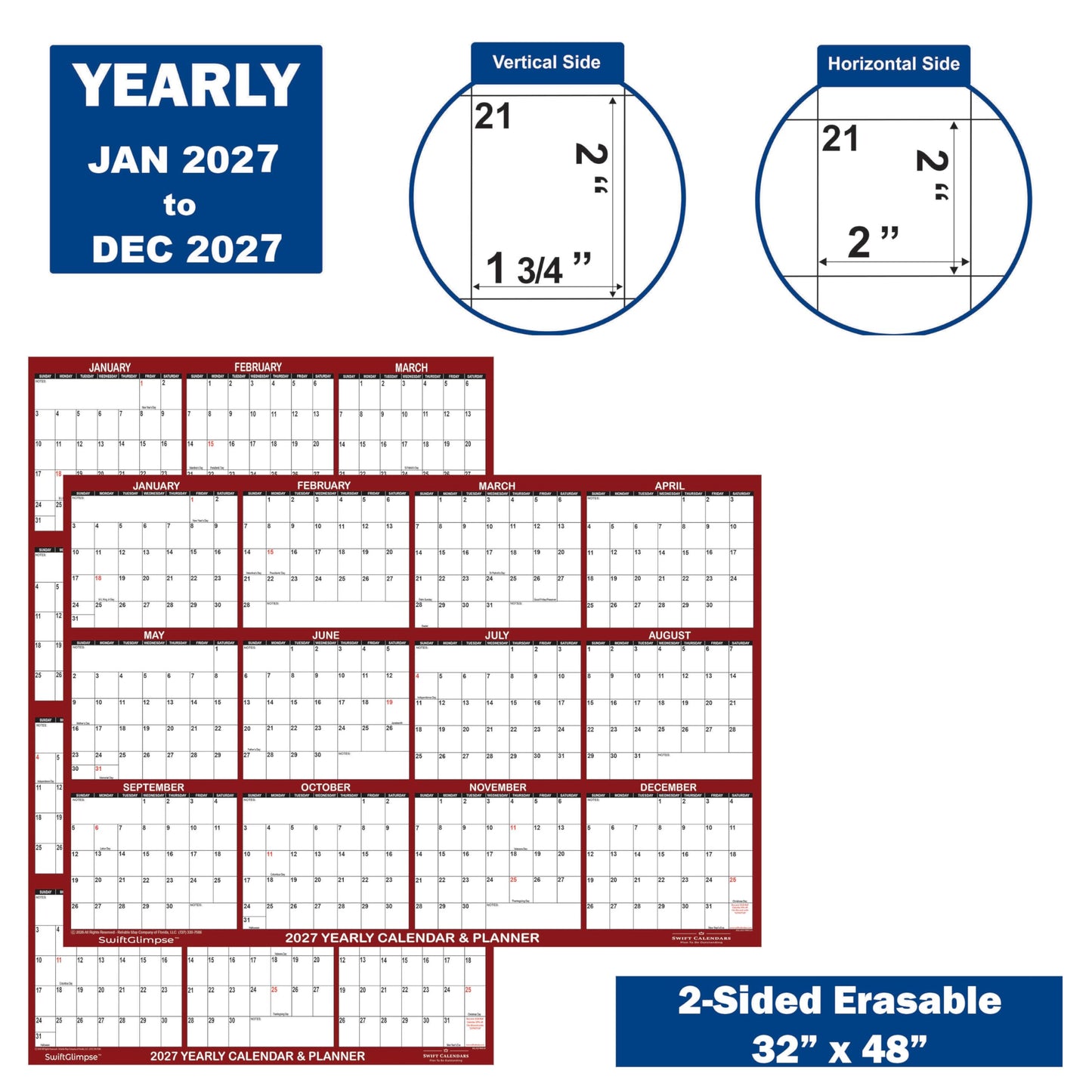 32" x 48" SwiftGlimpse 2027 Wall Calendar Erasable Large Wet & Dry Erase Laminated 12 Month Annual Yearly Wall Planner, Reversible, Horizontal/Vertical, Burgundy