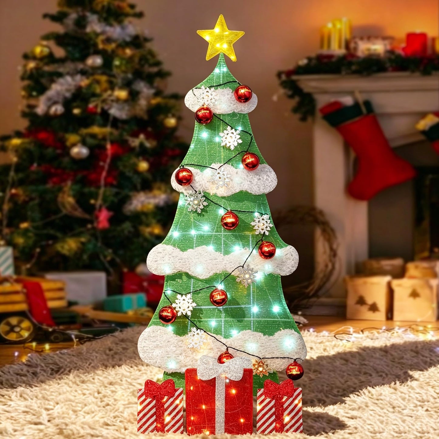3ft 2D Christmas Tree Outdoor Decorations with 100 Twinkling LED Lights, 8 Light Modes, Large Holiday Yard Ornament for Patio, Lawn, Home（Sphere+Snowflake）