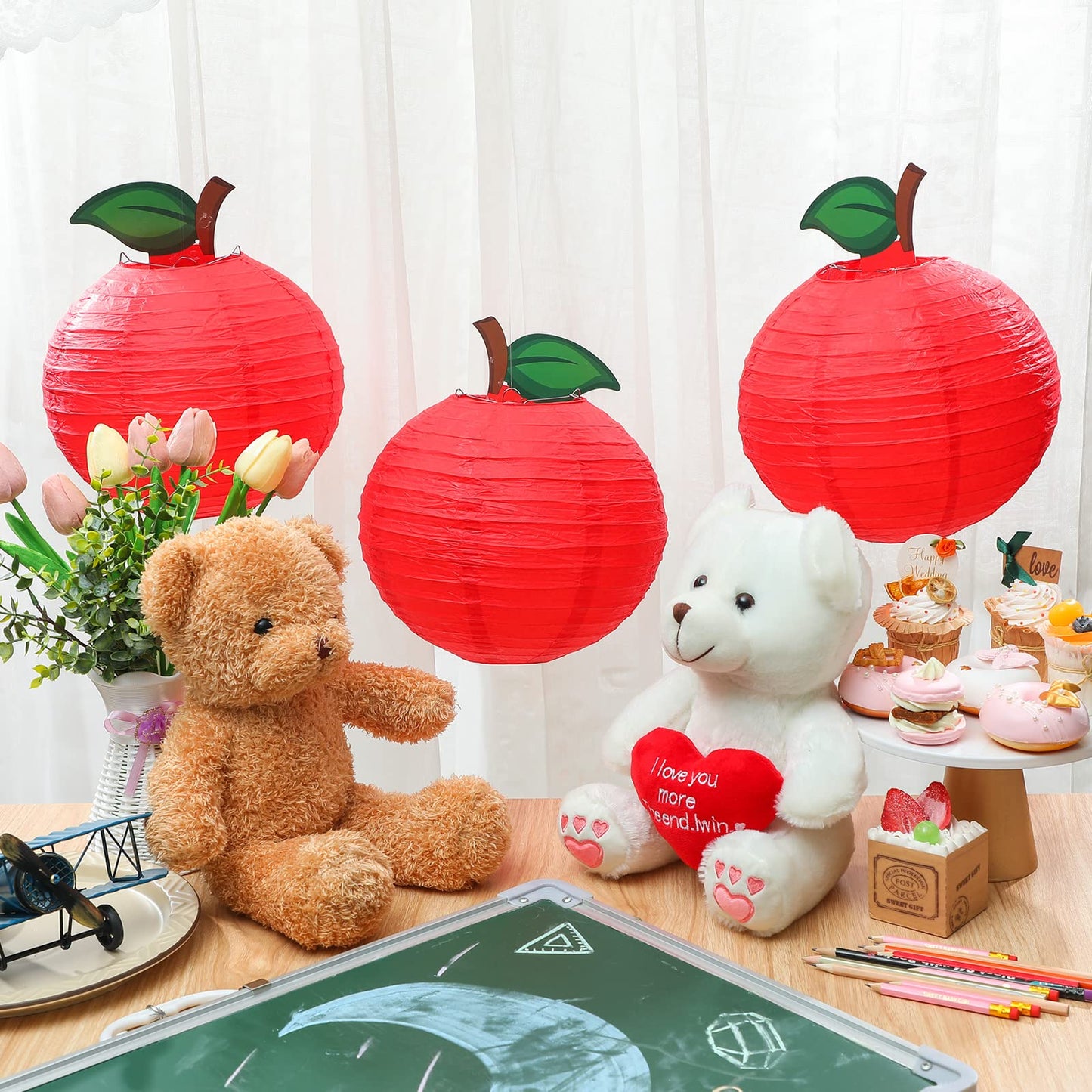 Retisee 12 Pcs 10 Inch Hanging Paper Lanterns Party Decorations Pastel Classroom Decor for Birthday Back to School Party Decoration for Classrooms Wedding Birthday Ceilings(Red,Apple)