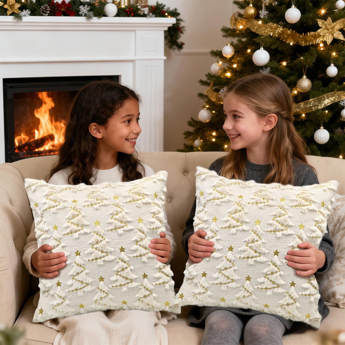 YIOTJUNL Christmas Pillow Covers 18x18 Set of 2 Soft Plush Embroidered Cushion Covers Decorative Gold Star Beige Christmas Tree Throw Pillow Cases Decorations for Winter Holiday Sofa Home Decor