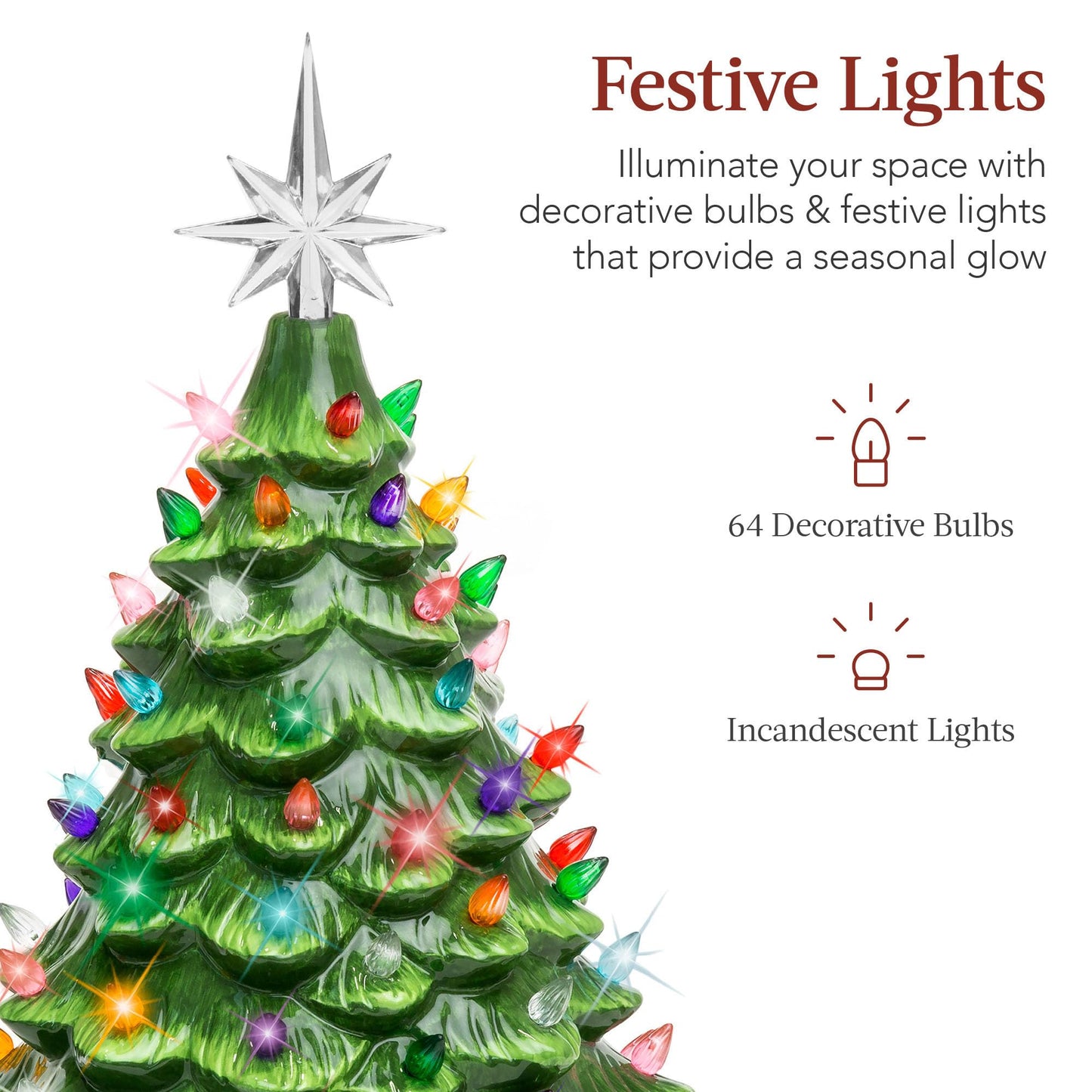 Best Choice Products 15in Ceramic Christmas Tree, Pre-lit Hand-Painted Tabletop Holiday Tree, Star Topper, 64 Lights - Green w/Multicolored Bulbs
