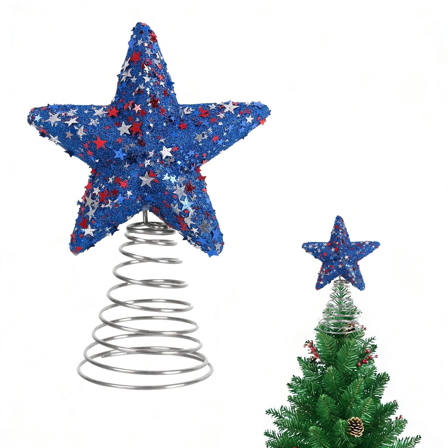 8.6" Glitter Star Christmas Tree Topper Decorative Holiday Tree Toppers Red White Blue Sequins Stars Xmas Trees Ornaments for 250th Anniversary 4th of July Table Centerpieces Home Party Supplies