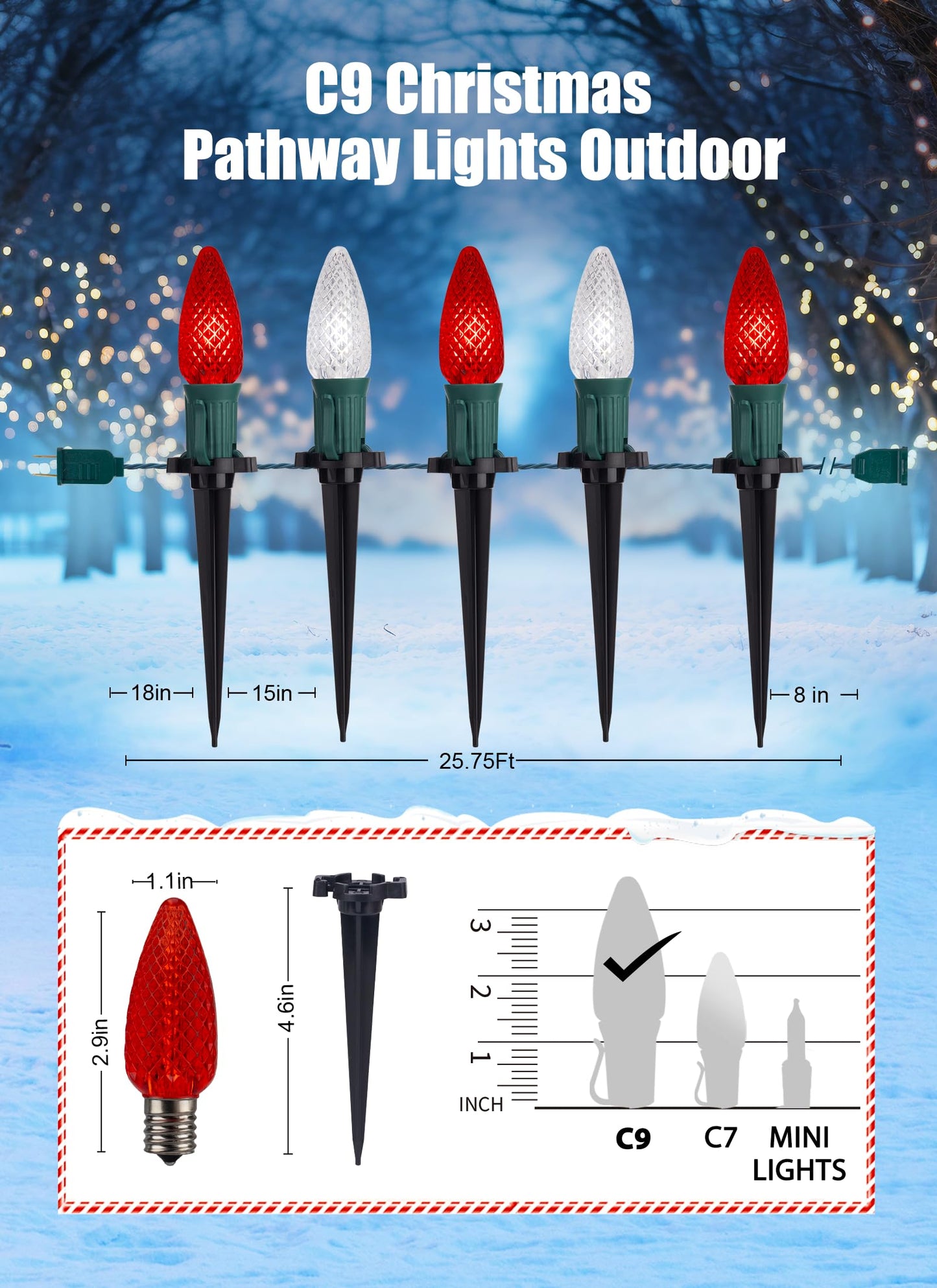 C9 LED Christmas Lights Outdoor with Stakes, 25.7 Feet 20 LED C9 Strawberry String Lights, Connectable Shatterproof Pathway Lights Marker for Path, Lane, Patio, Xmas Holiday Decorations, Red and White