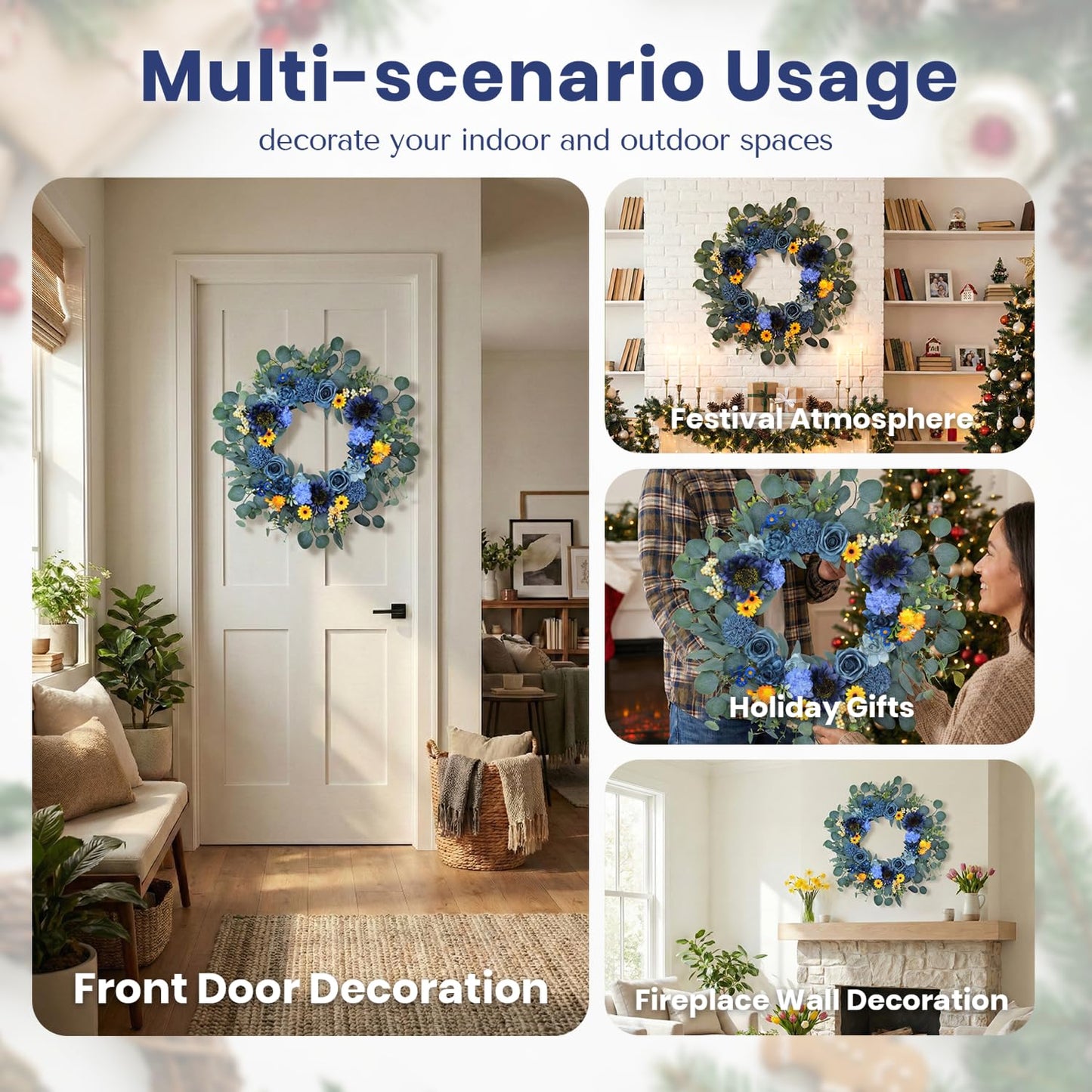 22'' Summer Wreath for Front Door Decor,Sunflowers with Berry Accents