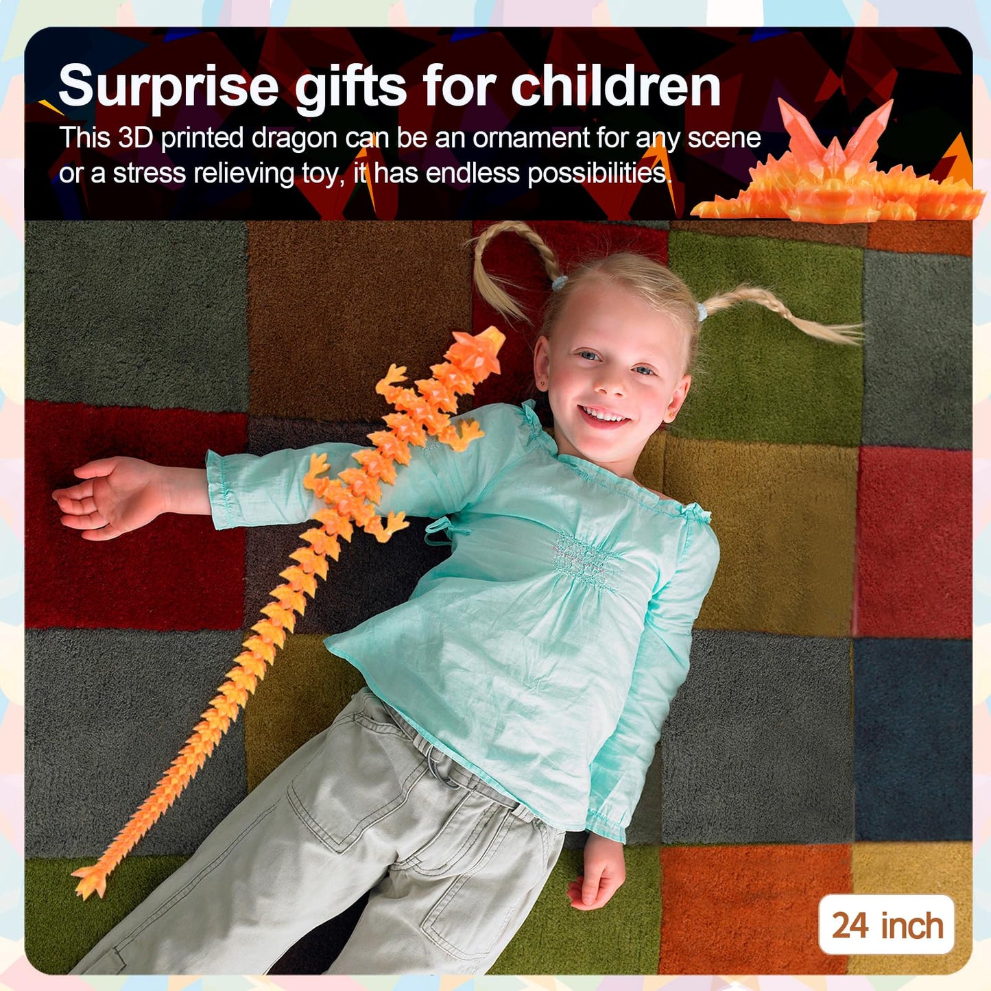 24”3D Printed Dragon Large 3D Dragon--Bigger Fidget Toy Gift for Kids, Boys, Girls & Adults,Cool Giant Crystal 3-D Printed Animals Desk Decor, Easter Basket Essentials(Flame Colour, 24inch)