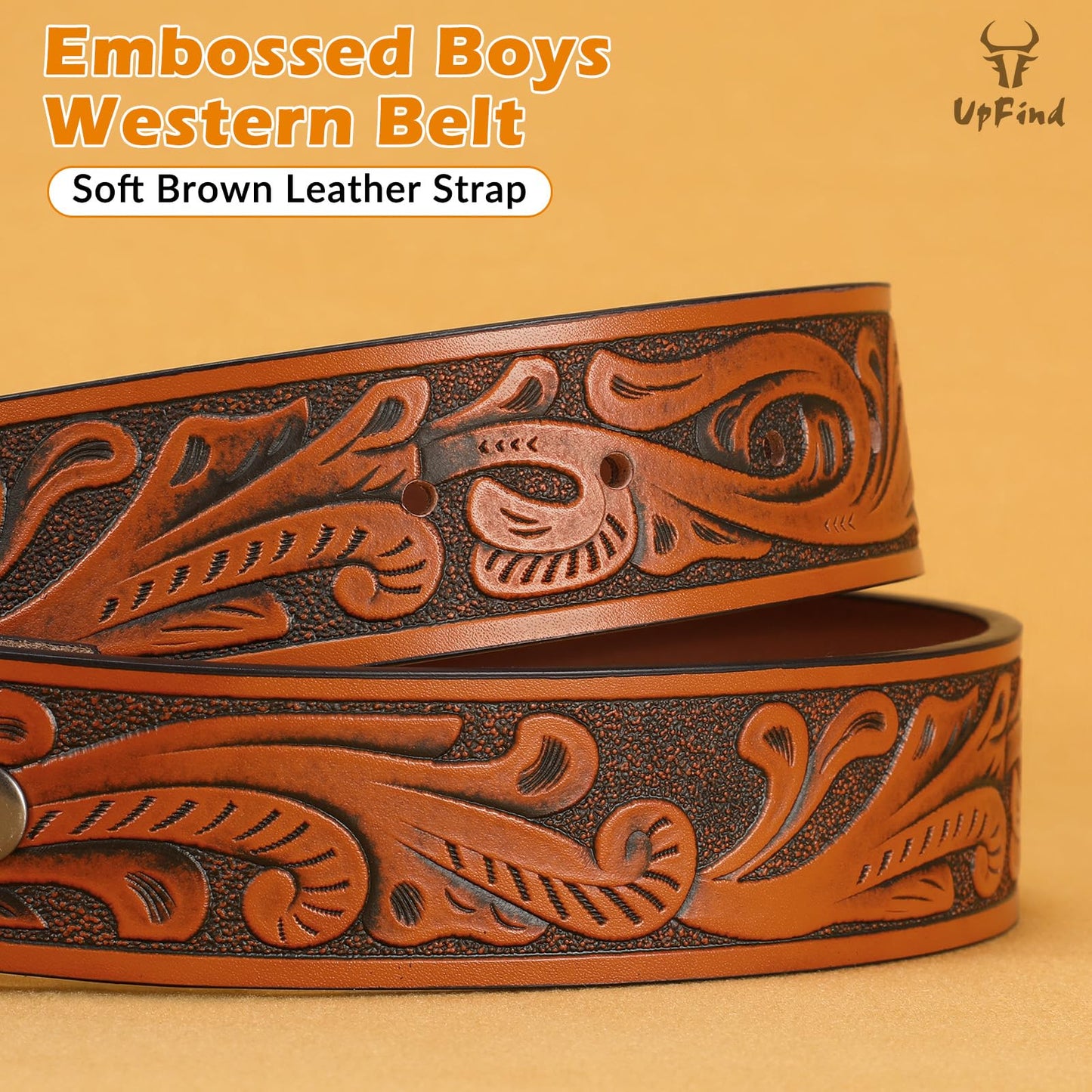 UpFind Boys Western Leather Belt Engraved Kids Cowboy Belt with Pin Buckle for Jeans Pant School Uniform Dress Up, 1.5" Wide