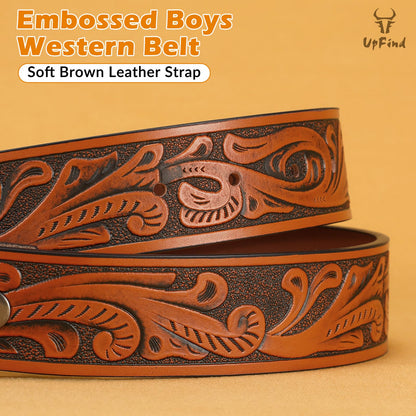 UpFind Boys Western Leather Belt Engraved Kids Cowboy Belt with Pin Buckle for Jeans Pant School Uniform Dress Up, 1.5" Wide