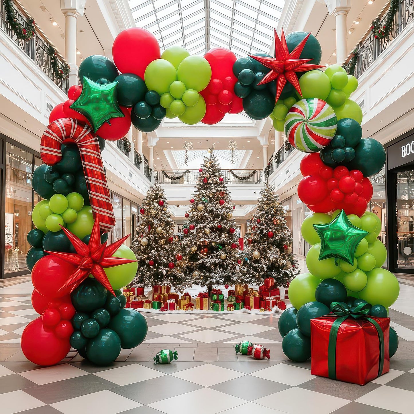 Christmas Balloon Garland Arch Kit with backdrop Xmas Red Green Balloons Candy Cane Gift Box Star Foil Balloons for Christmas New Year Birthday Party Decorations (Red Green)