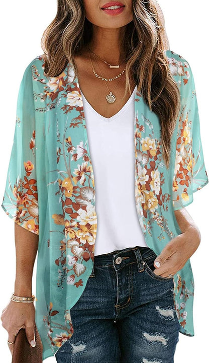 Floral Print Puff Sleeve Kimono Cardigan - Casual Loose Cover-Up Blouse for Women | Stylish & Versatile 2026