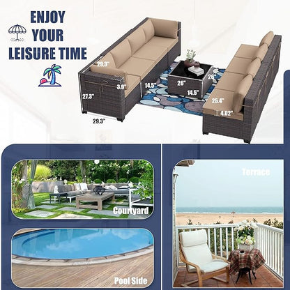 Kurapika 7 Pieces Patio Furniture Set, Rattan Wicker Outdoor Conversation Sets w/4 Inch Cushion and Glass Coffee Table(Sand)