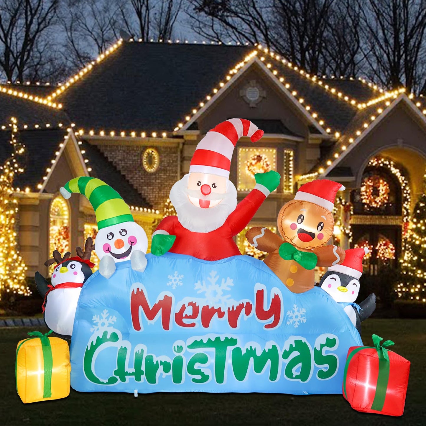 MUMTOP 7.5FT Long Christmas Inflatables Outdoor Decorations, Inflatables Santa Snowman Gingerbread Man Penguins Blow up Merry Christmas Yard Decorations Built-in LED Lights for Outdoor Party Holiday