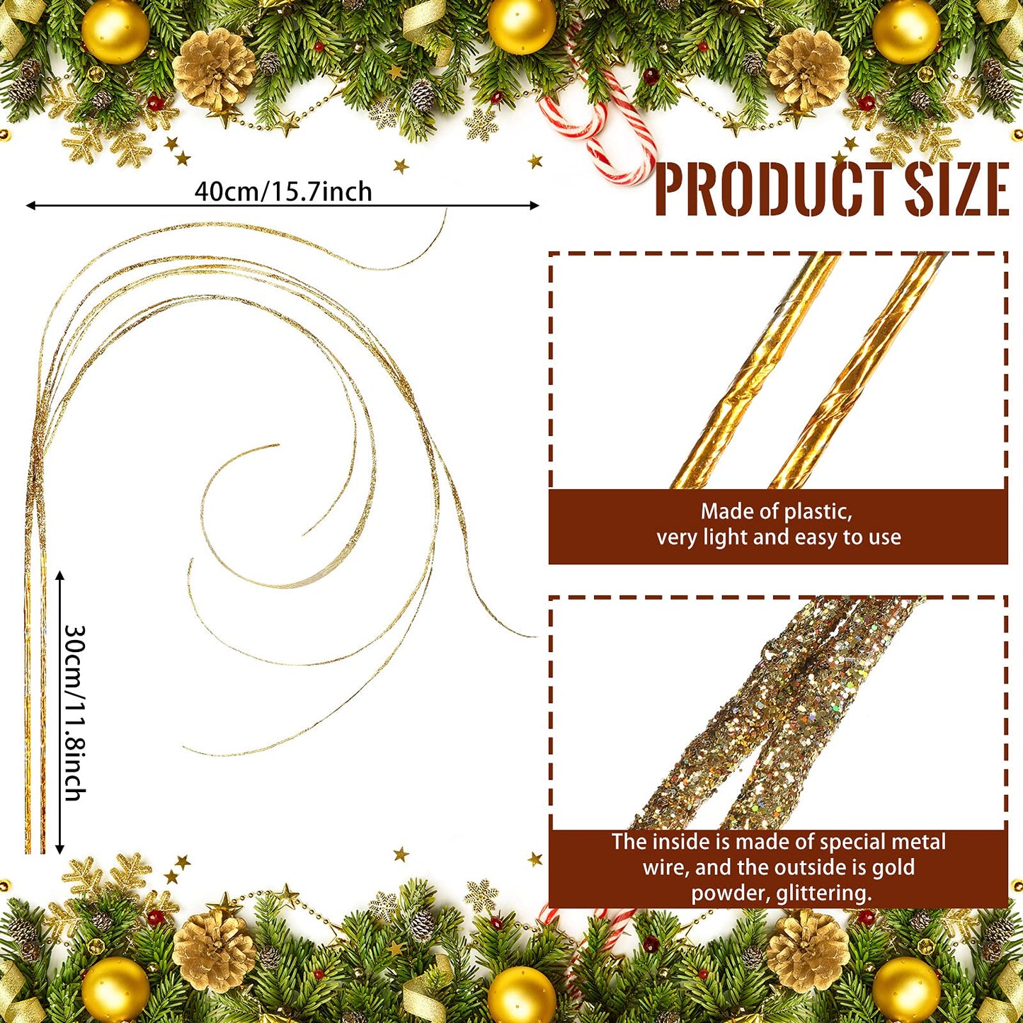 MTLEE 6 Pieces Glitter Gold Christmas Tree Picks and Sprays Decorative Stem Picks Sprays Branches Vase Filler Curly Ting Ting Branches for Christmas Tree Wreath Craft Home Garden Decorations