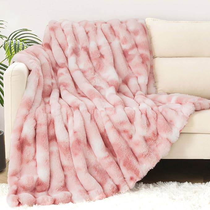Touchat Luxury Faux Rabbit Fur Throw Blanket for Couch, Super Heavy Warm Cozy Blanket for Sofa Bedroom Living Room, Ultra Soft Fluffy Reversible Plush Blanket for Home Decor Gifts, Tie-dye Pink