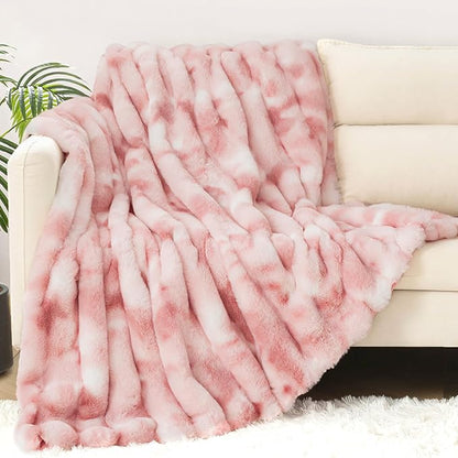 Touchat Luxury Faux Rabbit Fur Throw Blanket for Couch, Super Heavy Warm Cozy Blanket for Sofa Bedroom Living Room, Ultra Soft Fluffy Reversible Plush Blanket for Home Decor Gifts, Tie-dye Pink