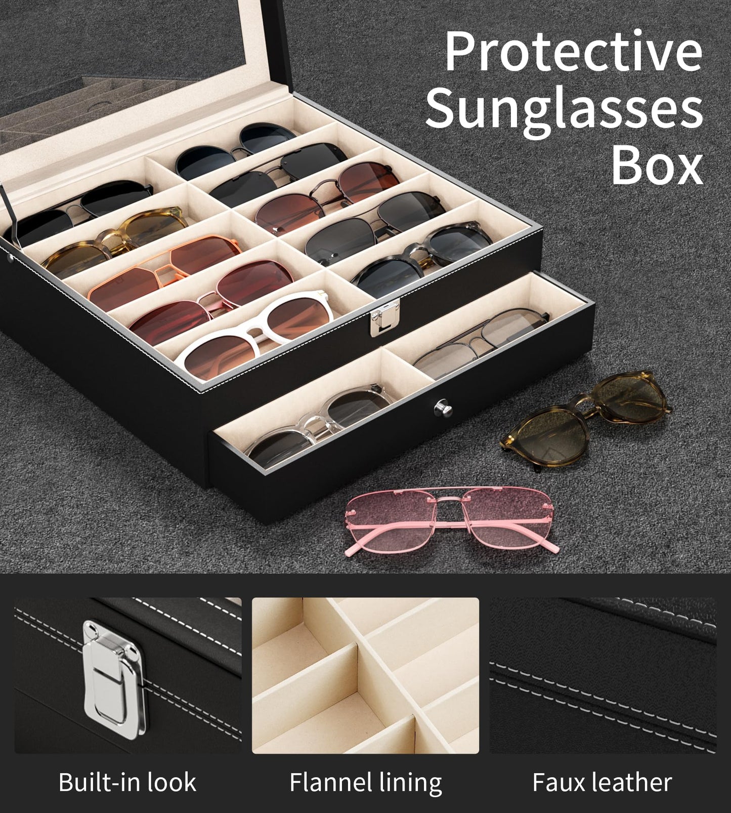 NEWLOOP Sunglasses Case Storage Organizer - Sunglass Organizer See-through Display Case Multiple Pairs Glasses Holder Stand 2-layer Eyeglass Jewelry Watch Collection Box for Men with 20 Slot Black