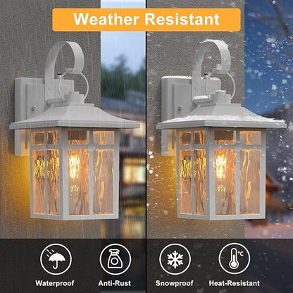 2 Pack Outdoor Dusk to Dawn Wall Lights, Outdoor Light Fixtures Wall Mount with Ripple Glass, Modern White Porch Lights, Aluminum Outoor Sconce Light for Entryway, Garage, Patio