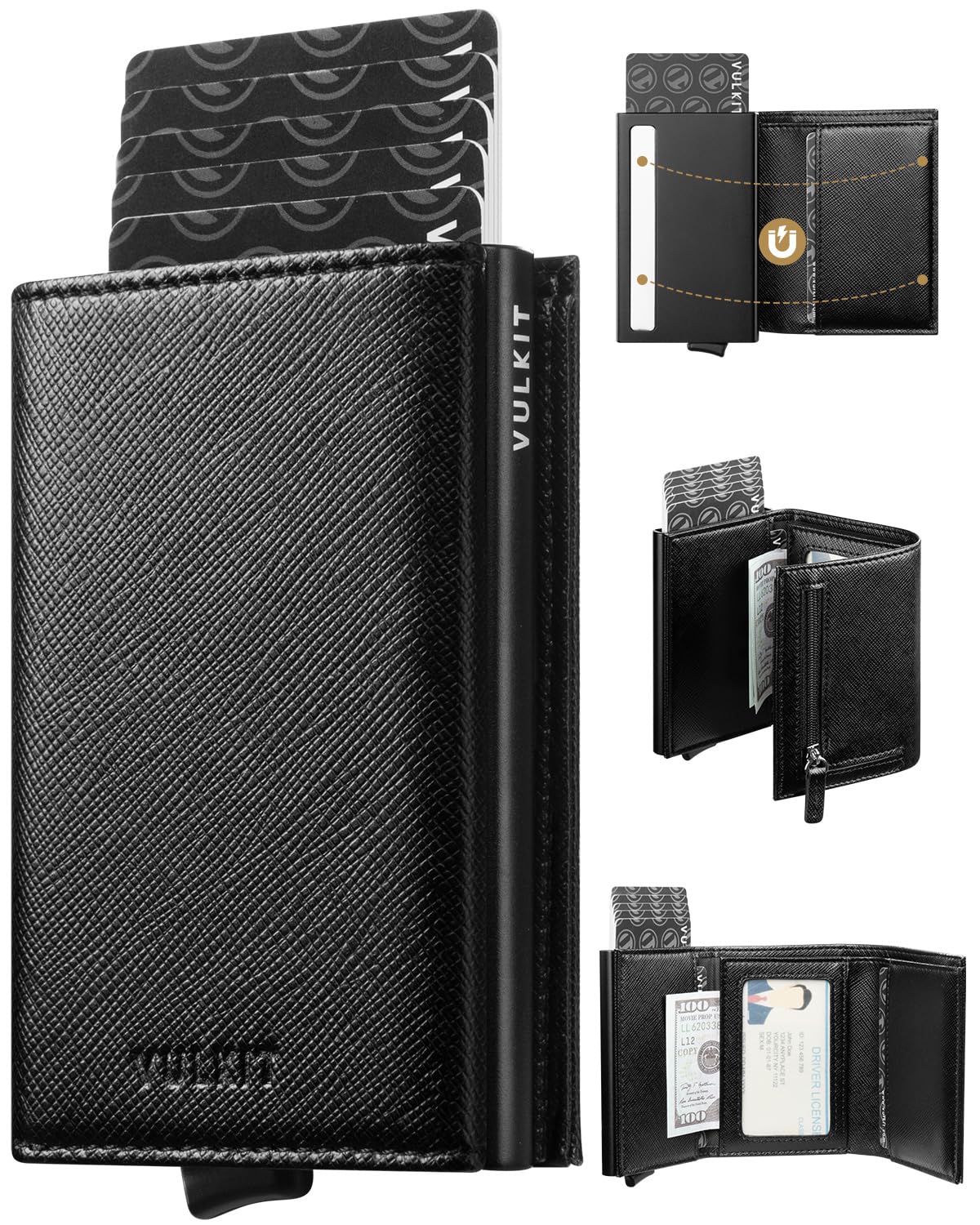 VULKIT Pop up Wallet Minimalist Cash Wallets RFID Blocking Leather Smart Credit Card Holder with Magnetic Closure for Men (Cross Black)