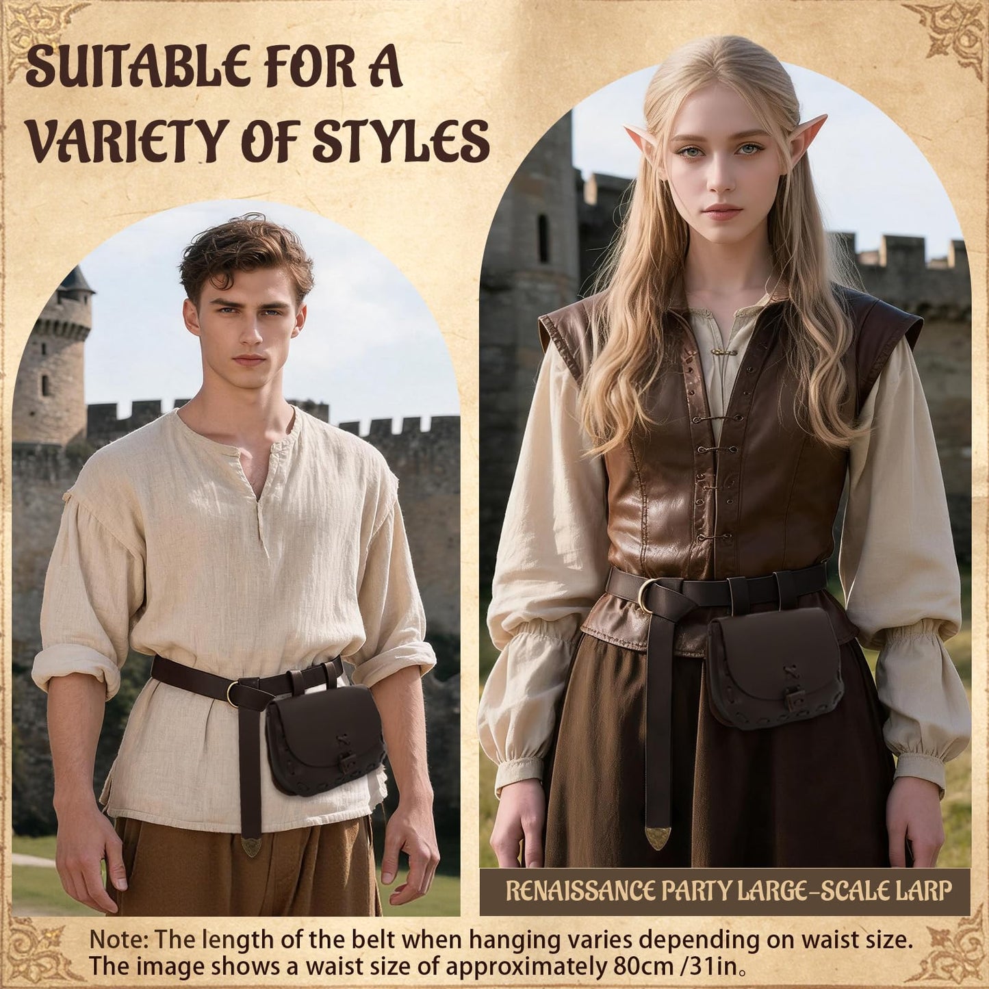 Renaissance Belt Pouch Medieval Costume Accessories Set - Pirate Viking Faux Leather Waist Bag for LARP Cosplay (Brown)