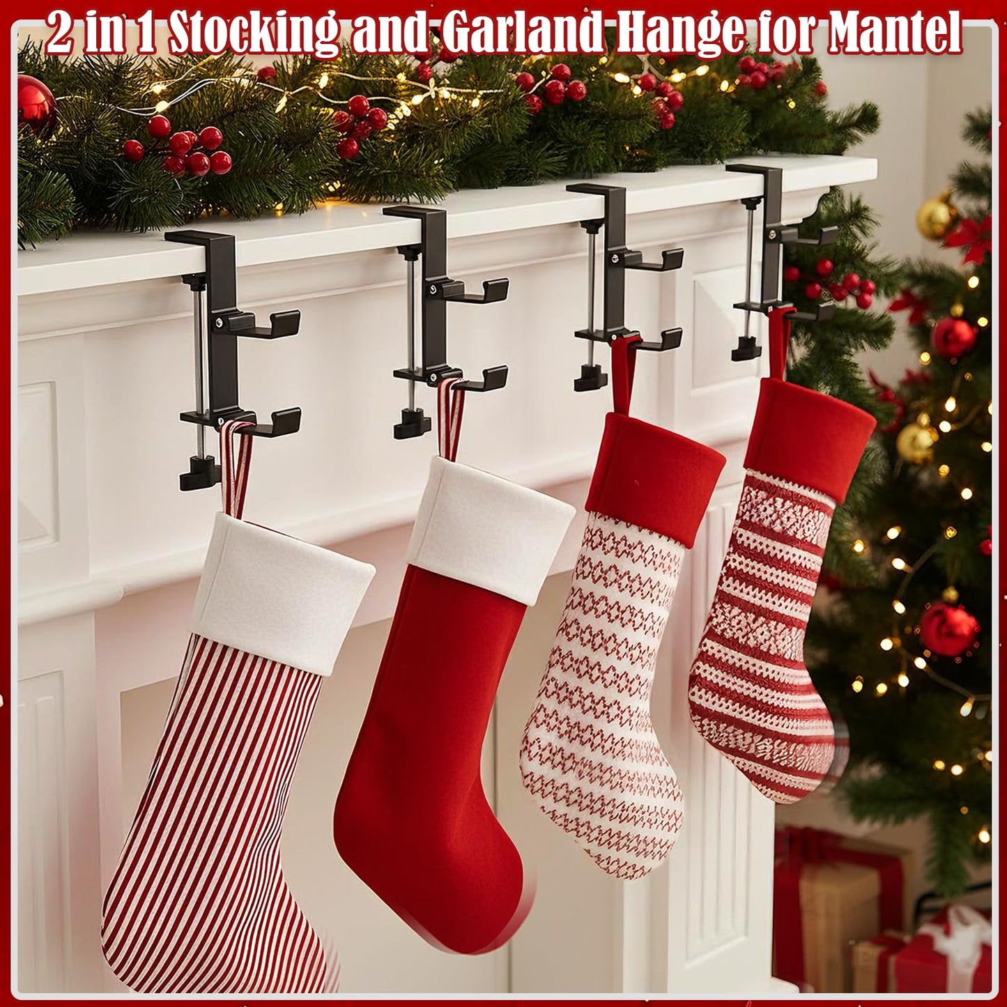 TGLIFEVER Christmas Garland and Stocking Hangers for Mantle, Adjustable 2 in 1 Mantel Stocking Holders with Foldable Double Hooks, Heavy Duty No Drill Fireplace Garland Hooks for Xmas Home Decoration