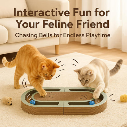 LEQOS Extra Long 26" Folding Cat Scratch Pad with Chasing Bells Double Sided Interactive Cardboard Cat Scratcher Cat Scratching Board for Cats Cardboard Scratching Pads for Indoor Cat Toy