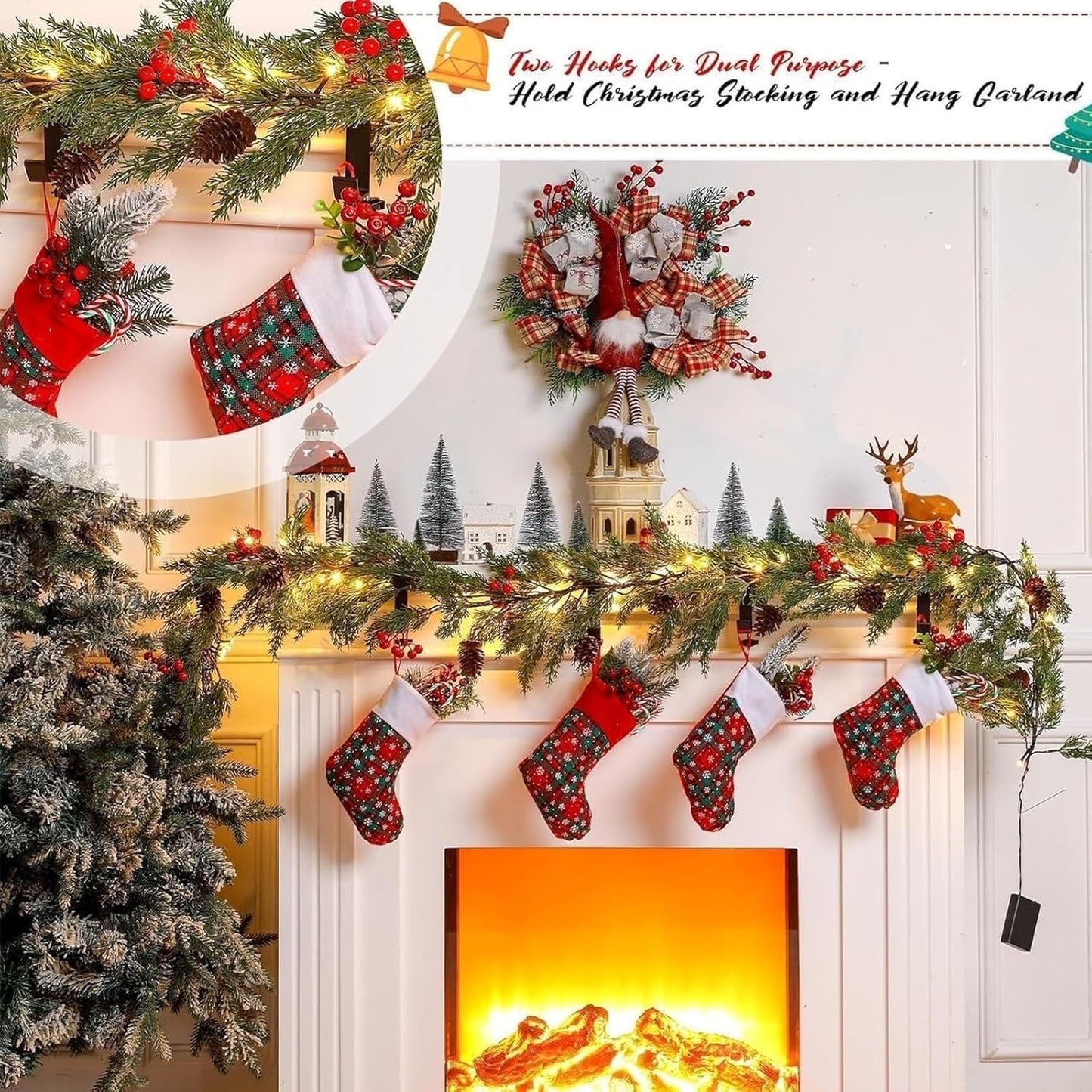 Garland Hanger and Stocking Mantel Holders, 4 PCS Christmas Stocking Holders for Mantle-Adjustable Christmas Metal Hooks Garland Hanger for Hanging Stocking Garland Balls Fireplace Decoration Supplies
