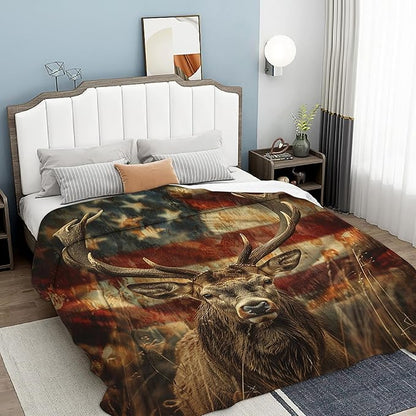 Blanket Vintage Deer Lightweight Soft Throw Blanket for Girls Teens Women, American Flag Fuzzy Blanket Home Room Decor 50x60 Inches