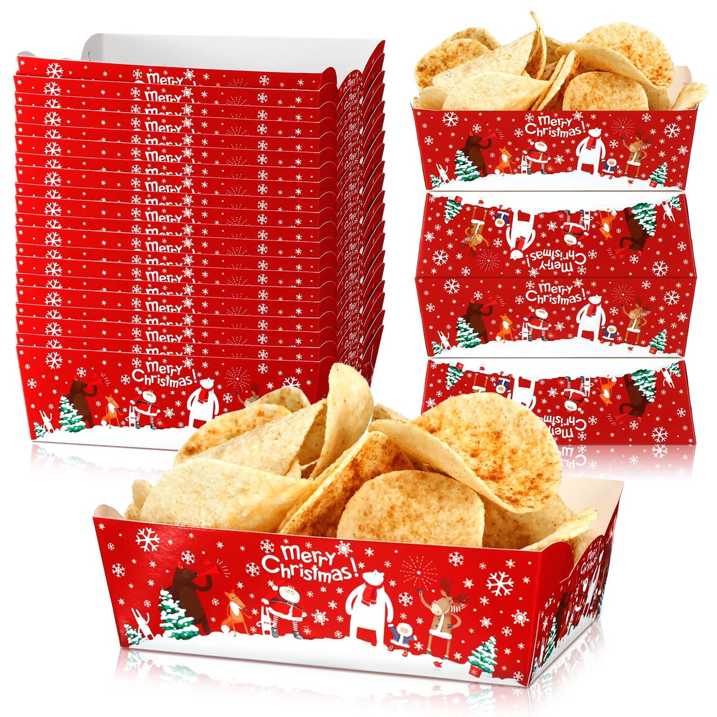 Cunhill 60 Pack Christmas Paper Trays Christmas Movie Night Snack Trays Disposable Party Plates Food Serving Boats for Cookie Snack Movie Night Party Supplies