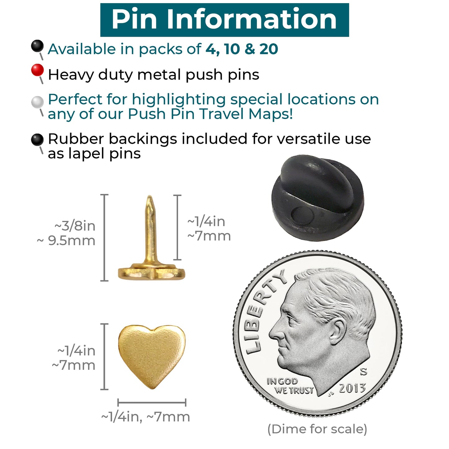 Mini Gold Heart Push Pins - Mini Gold Metal Heart Map Pins - for Cork Board, Maps, or Lapel Pin Use - Designed in USA - Set of 10