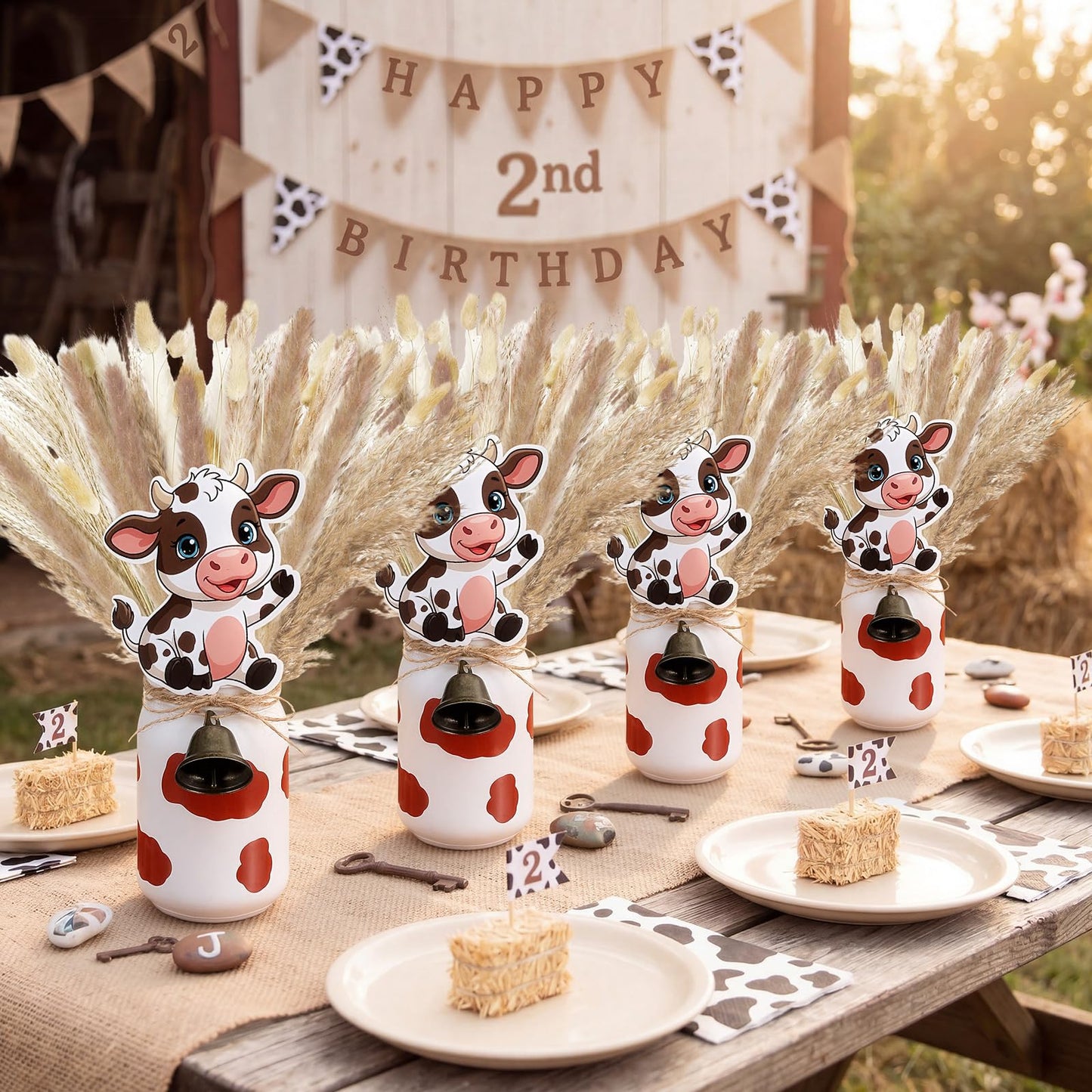 Ferrochef 4 Sets Farm Theme Centerpieces Cow Birthday Party Decorations for Tables, 119 Pcs Farm Party Decoration Include Mason Jars Bell Dried Pampas Grass Kit for Birthday Baby Shower(Brown)