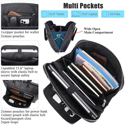 Masa Kawa Black Leather Slim Briefcase for Men Women Fits 15.6-16 Inch Laptop Professional Business Messenger Crossbody Shouder Bag Lawyer Ladies Office Work Brief Attche Case, Large