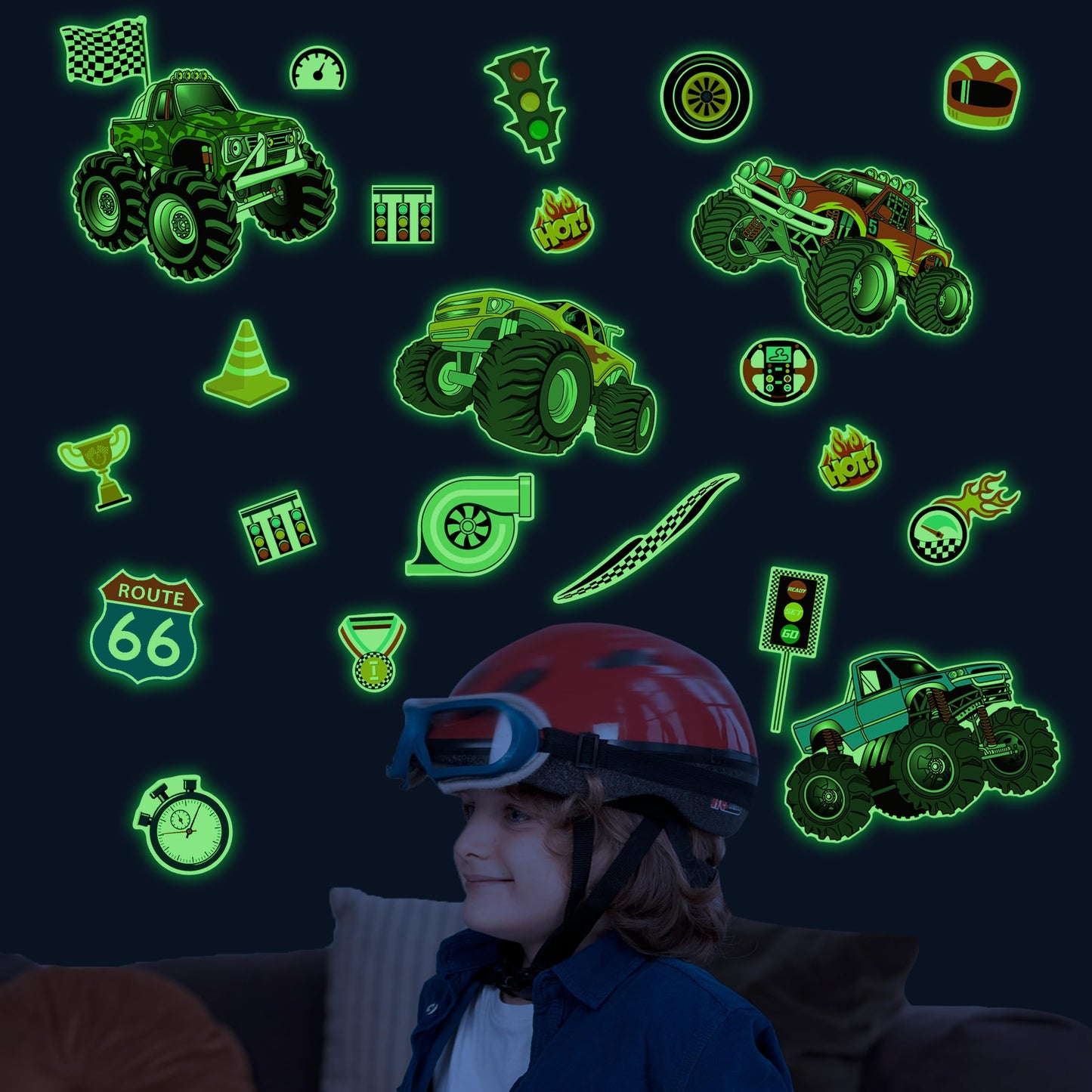 Glow in The Dark Racing Car Wall Stickers, Truck Kids Bedrooms Wall Decals, Racing Theme Big Foot Truck Ceiling Decor, Nursery Classroom Playroom Home Decor Gifts