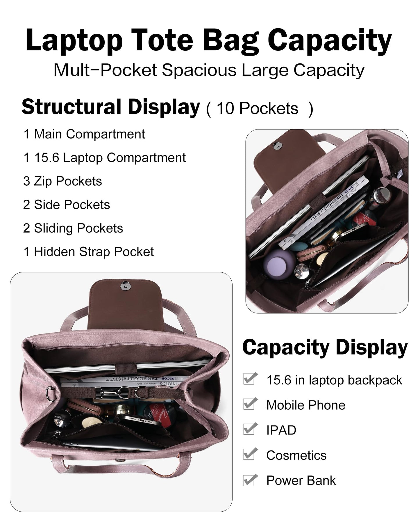 FADEON Large Laptop Tote Bag for Women Designer Leather Laptop Bag Fashion Travel Backpack Purse Shoulder Handbag Purple