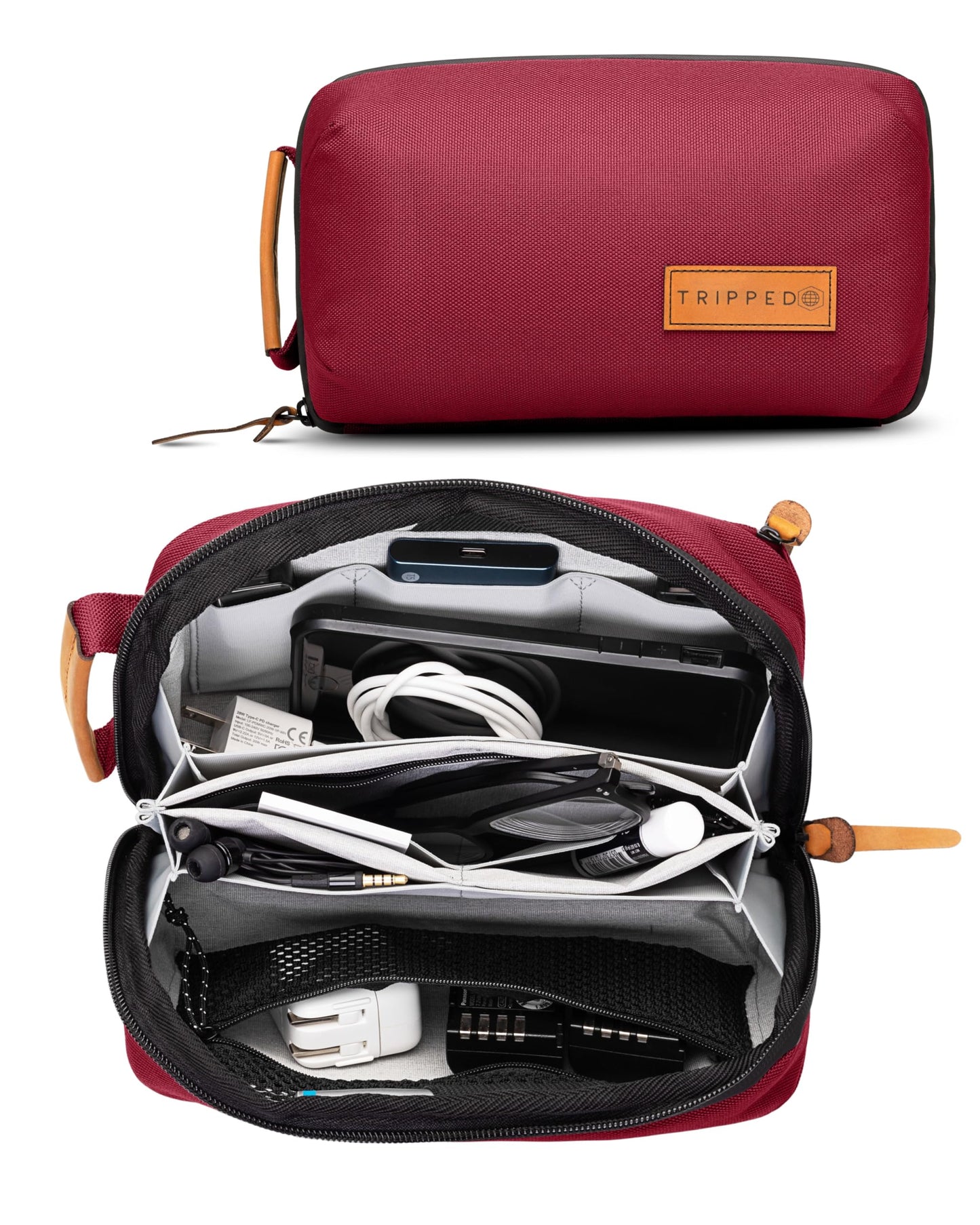 Tech Bag Organizer - Small Electronics Organizer Pouch for Travel - Premium Travel Case with Leather Accents - Mesh Pocket for Cables, Cords and Chargers (Red)