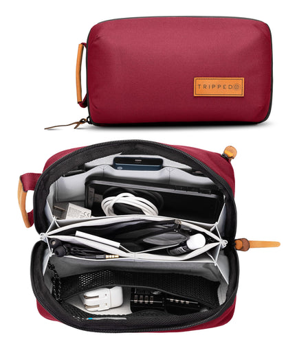 Tech Bag Organizer - Small Electronics Organizer Pouch for Travel - Premium Travel Case with Leather Accents - Mesh Pocket for Cables, Cords and Chargers (Red)