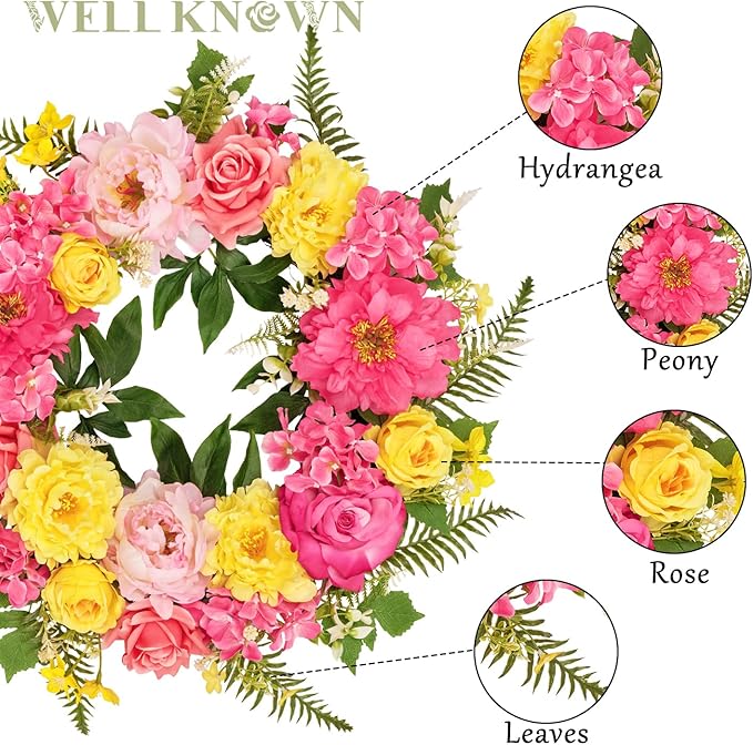 Wreaths for Front Door, WELL KNOWN Spring Summer Seasonal Hot Pink & Yellow Flowers Wreath for Front Door, Artificial Silk Peony Flower Wreath for Wall Hanging, Home Office Wedding Party Decor